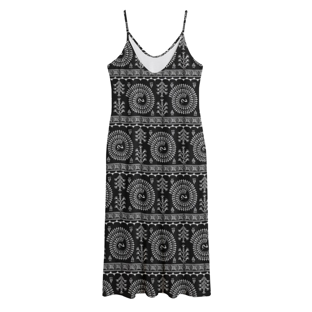 Black And White Warli Tribal Print Jersey Midi Cami Dress