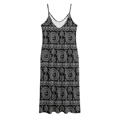 Black And White Warli Tribal Print Jersey Midi Cami Dress