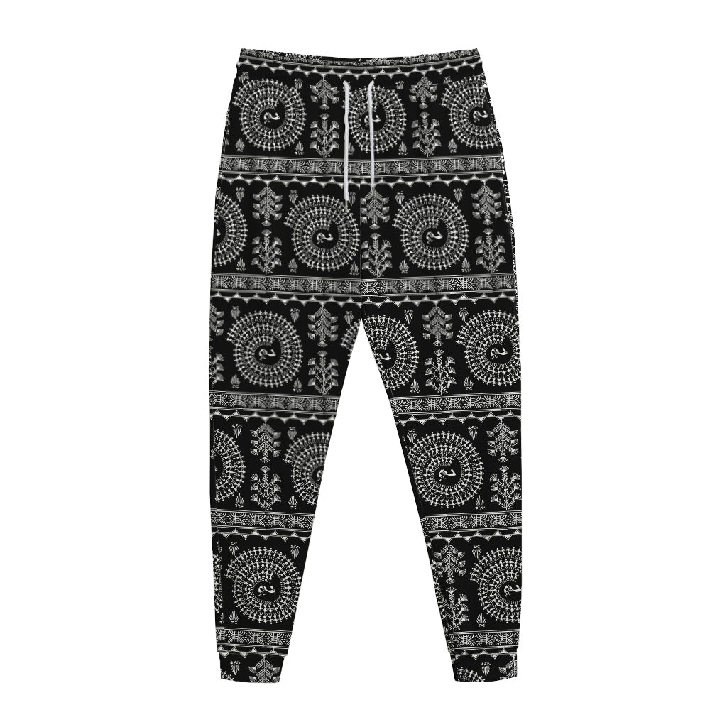 Black And White Warli Tribal Print Jogger Pants