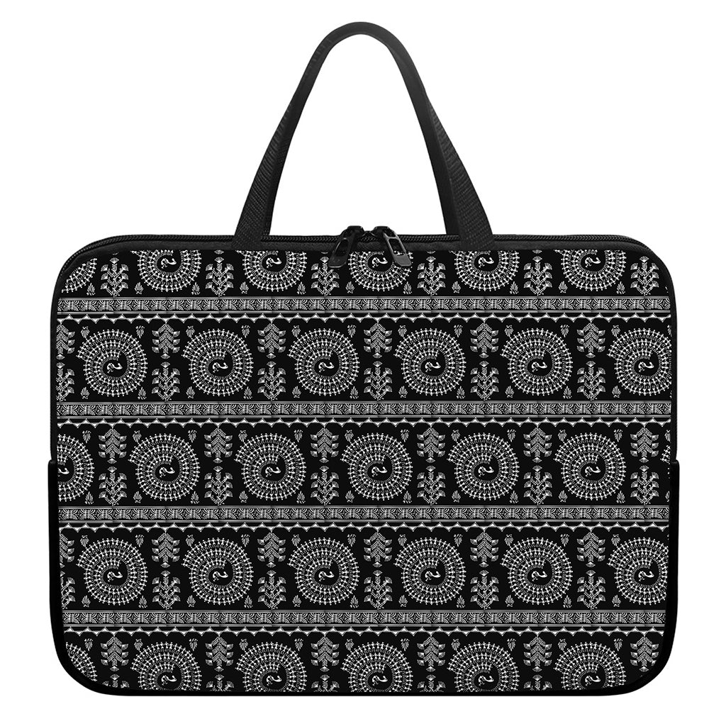 Black And White Warli Tribal Print Laptop Sleeve With Handle