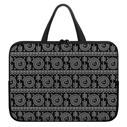 Black And White Warli Tribal Print Laptop Sleeve With Handle