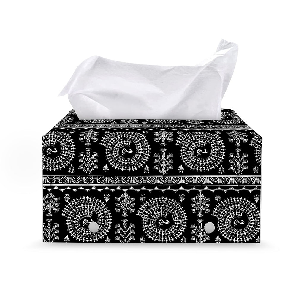 Black And White Warli Tribal Print Leather Tissue Box Cover