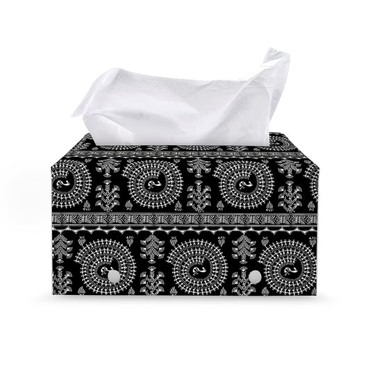 Black And White Warli Tribal Print Leather Tissue Box Cover