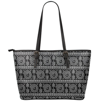 Black And White Warli Tribal Print Leather Tote Bag