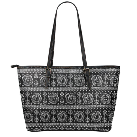 Black And White Warli Tribal Print Leather Tote Bag