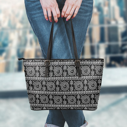 Black And White Warli Tribal Print Leather Tote Bag