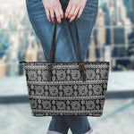 Black And White Warli Tribal Print Leather Tote Bag