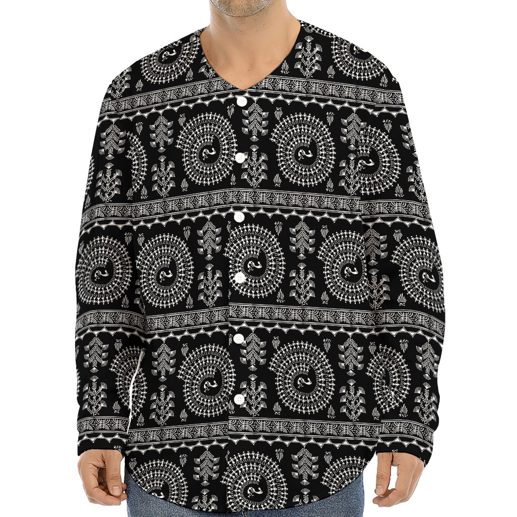 Black And White Warli Tribal Print Long Sleeve Baseball Jersey