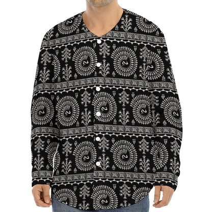 Black And White Warli Tribal Print Long Sleeve Baseball Jersey
