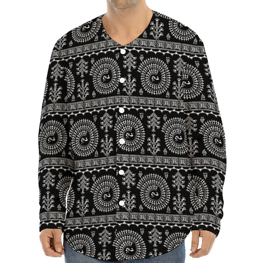 Black And White Warli Tribal Print Long Sleeve Baseball Jersey