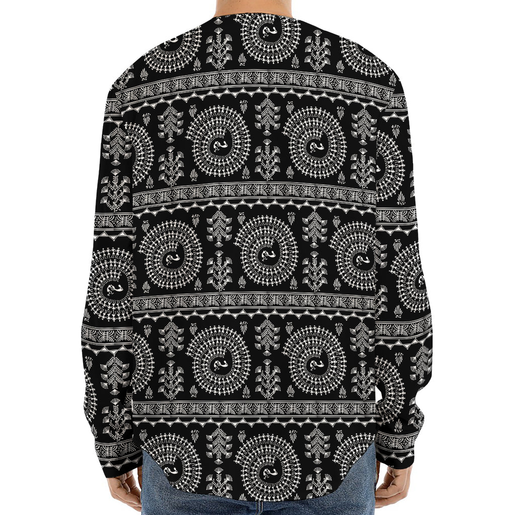 Black And White Warli Tribal Print Long Sleeve Baseball Jersey