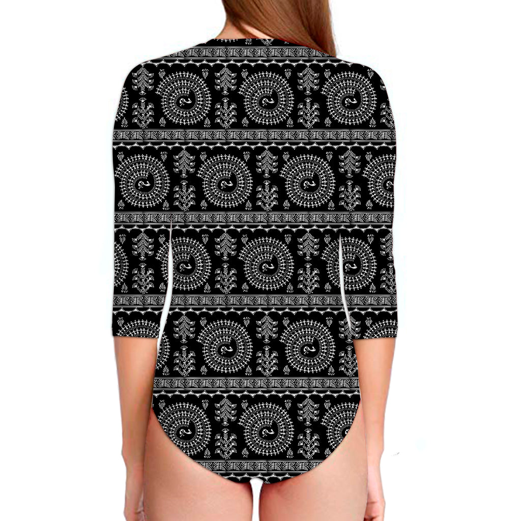 Black And White Warli Tribal Print Long Sleeve Swimsuit