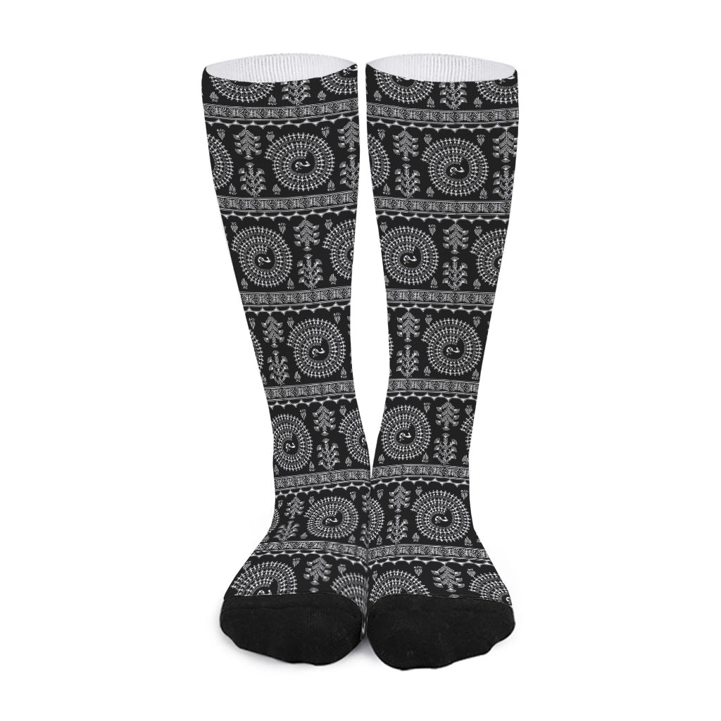 Black And White Warli Tribal Print Long Socks