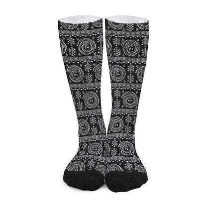 Black And White Warli Tribal Print Long Socks