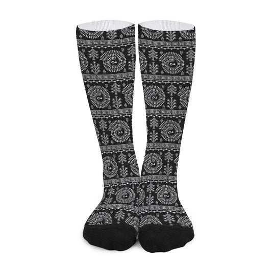 Black And White Warli Tribal Print Long Socks