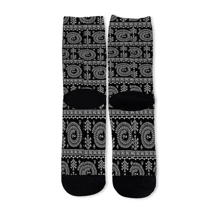 Black And White Warli Tribal Print Long Socks