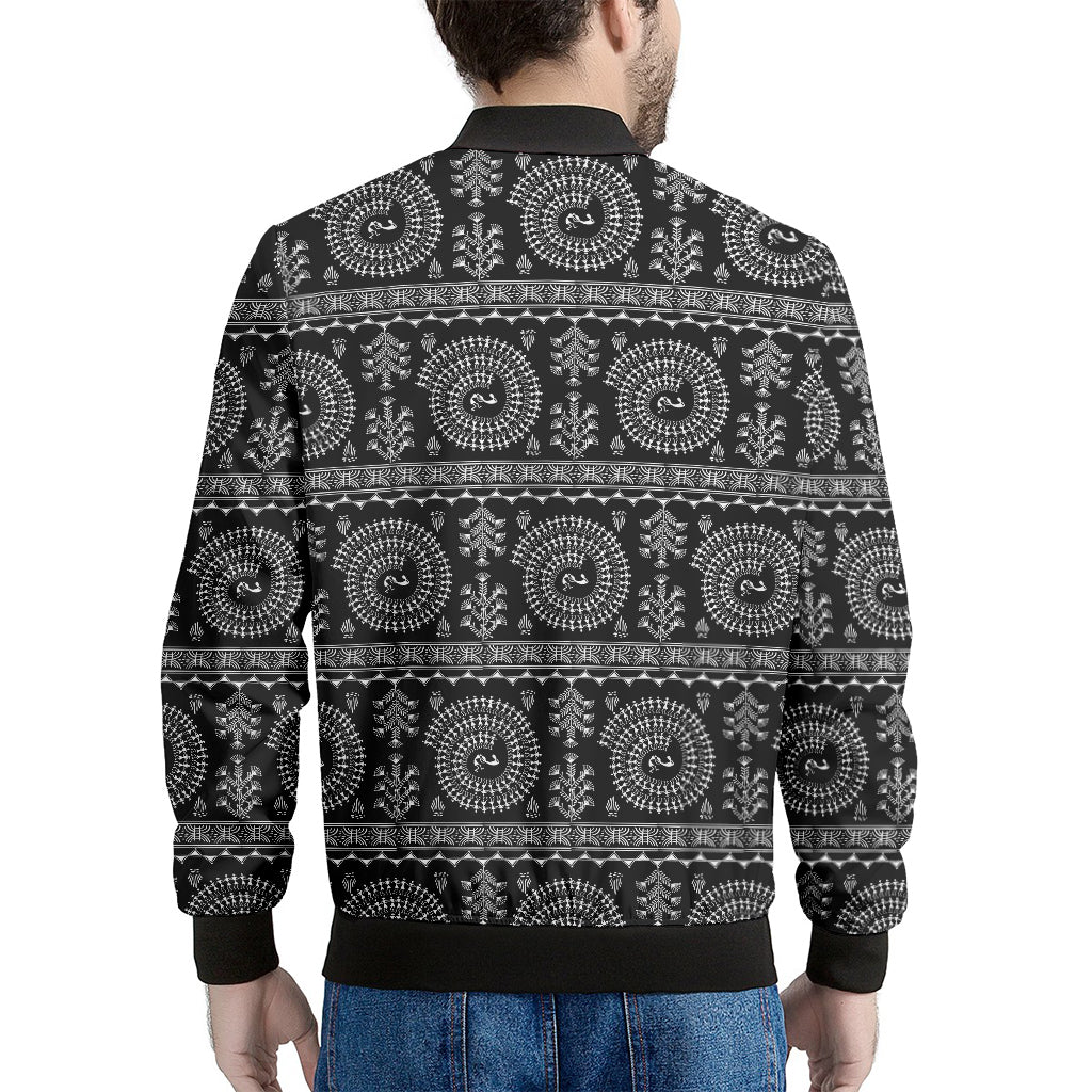 Black And White Warli Tribal Print Men's Bomber Jacket