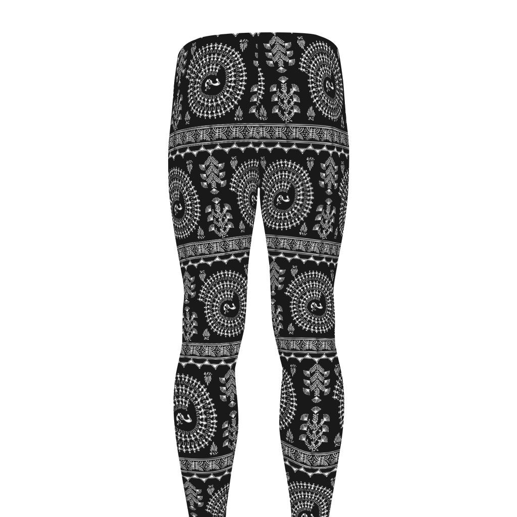 Black And White Warli Tribal Print Men's leggings