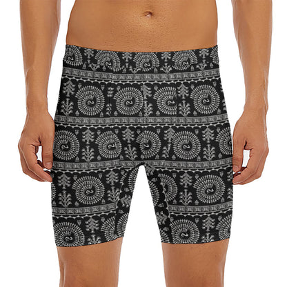 Black And White Warli Tribal Print Men's Long Boxer Briefs