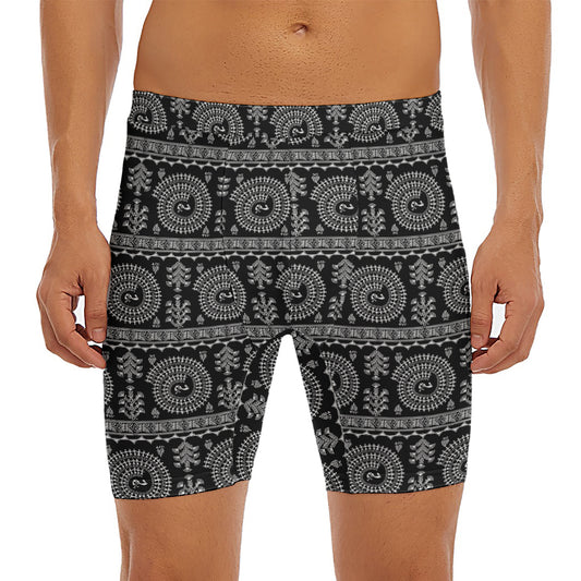 Black And White Warli Tribal Print Men's Long Boxer Briefs