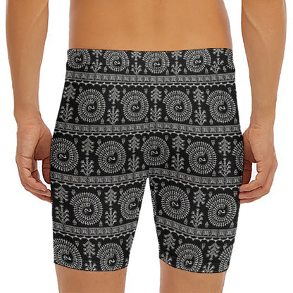 Black And White Warli Tribal Print Men's Long Boxer Briefs
