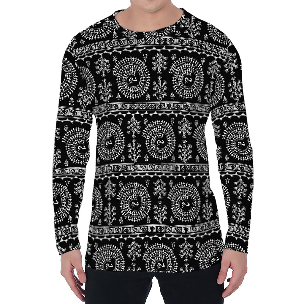 Black And White Warli Tribal Print Men's Long Sleeve T-Shirt