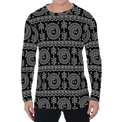 Black And White Warli Tribal Print Men's Long Sleeve T-Shirt