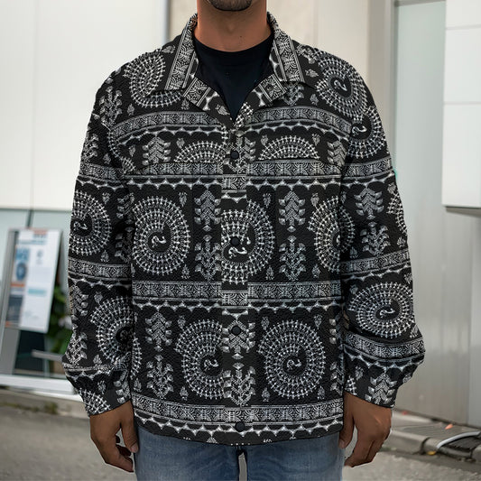 Black And White Warli Tribal Print Men's Shirt Jacket
