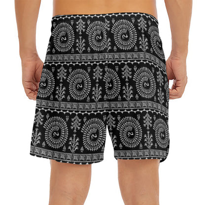 Black And White Warli Tribal Print Men's Split Running Shorts