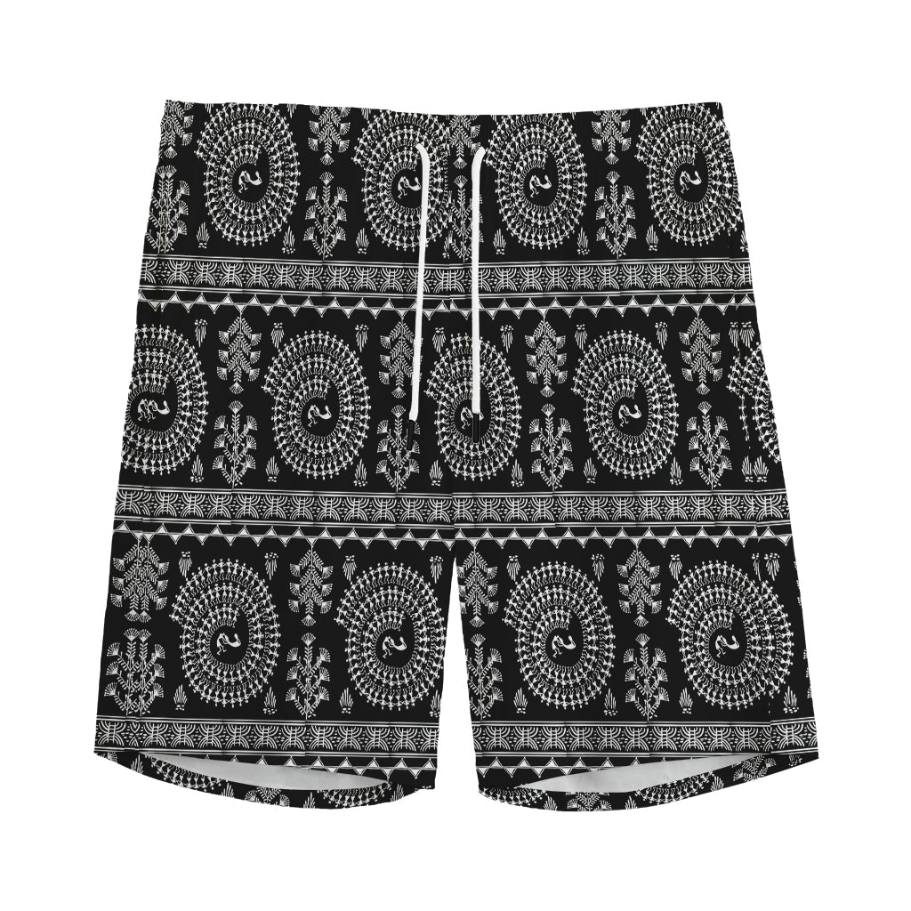 Black And White Warli Tribal Print Men's Sports Shorts