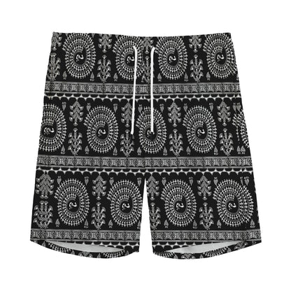 Black And White Warli Tribal Print Men's Sports Shorts