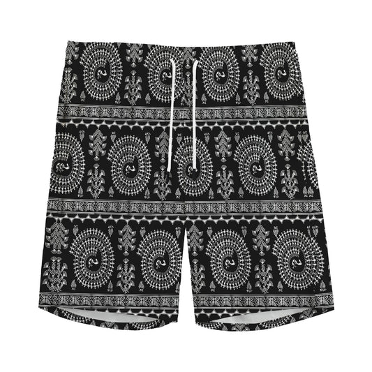 Black And White Warli Tribal Print Men's Sports Shorts