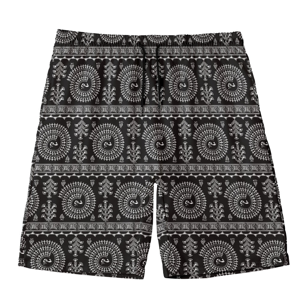 Black And White Warli Tribal Print Men's Swim Trunks