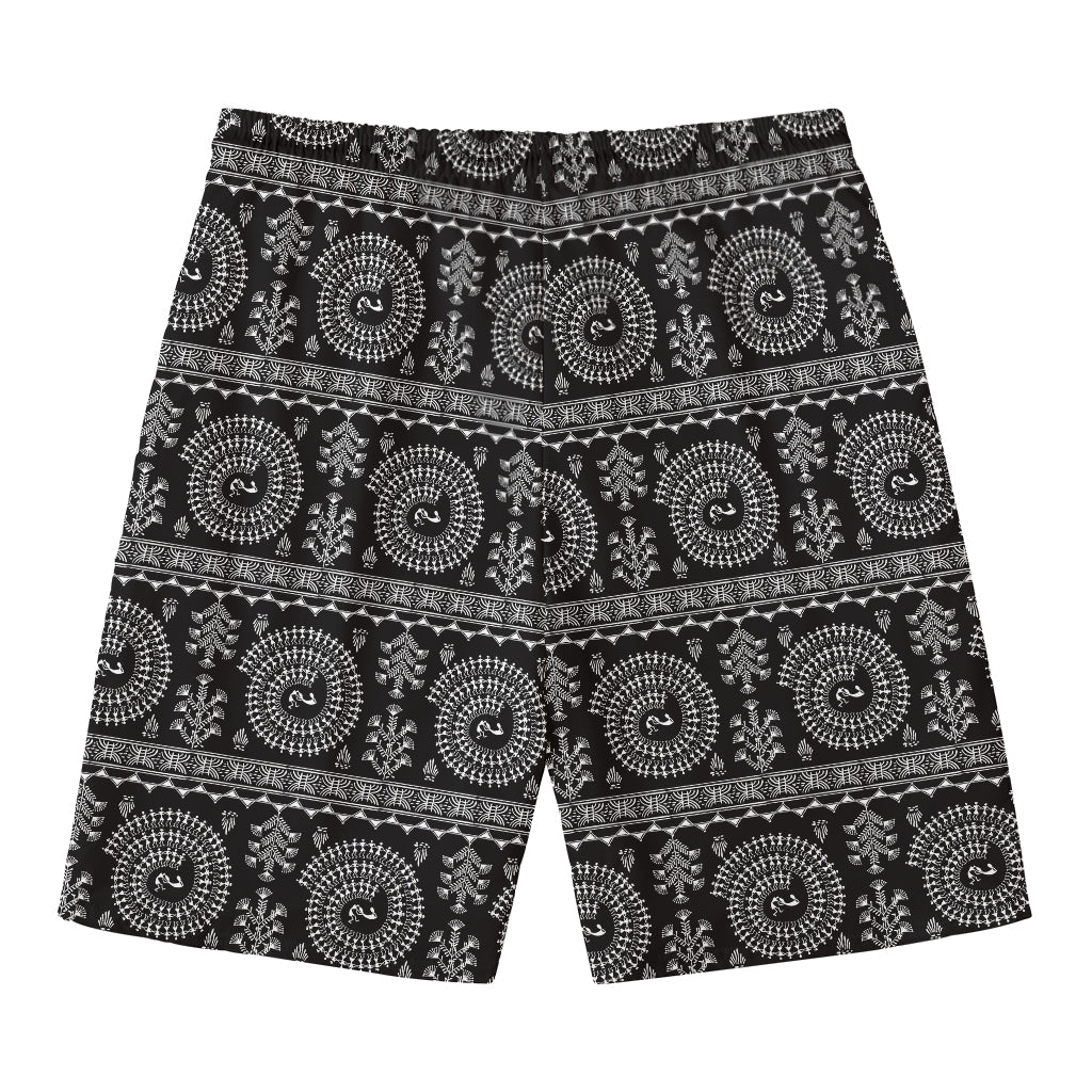 Black And White Warli Tribal Print Men's Swim Trunks