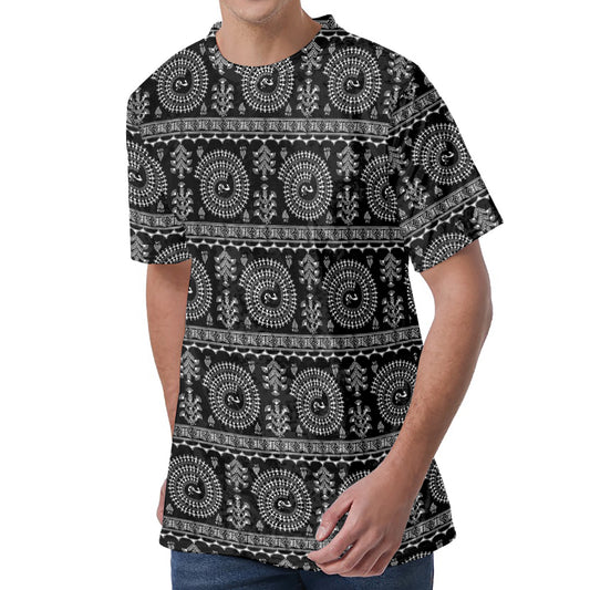Black And White Warli Tribal Print Men's Velvet T-Shirt