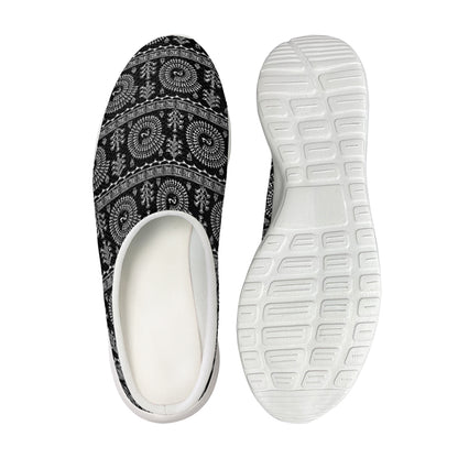 Black And White Warli Tribal Print Mesh Casual Shoes