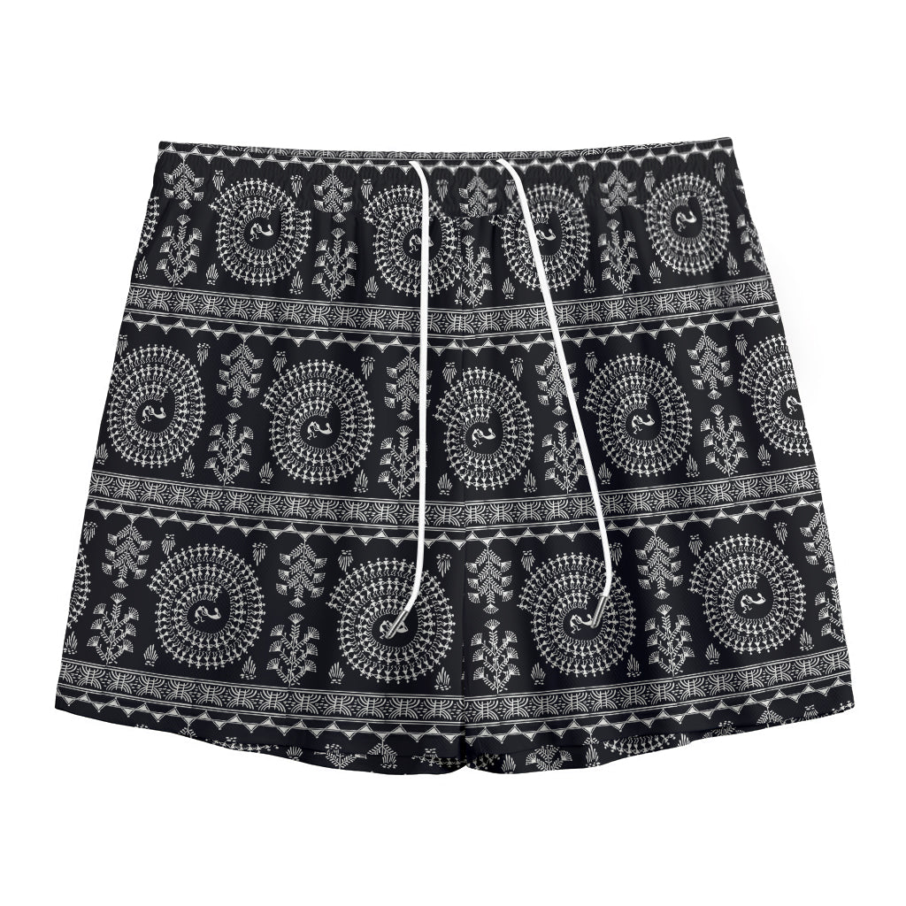 Black And White Warli Tribal Print Mesh Shorts