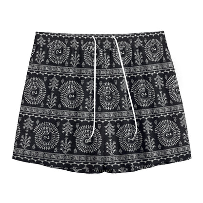 Black And White Warli Tribal Print Mesh Shorts