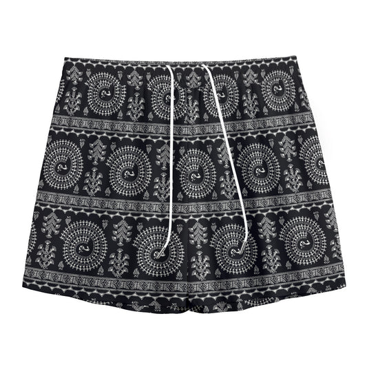Black And White Warli Tribal Print Mesh Shorts