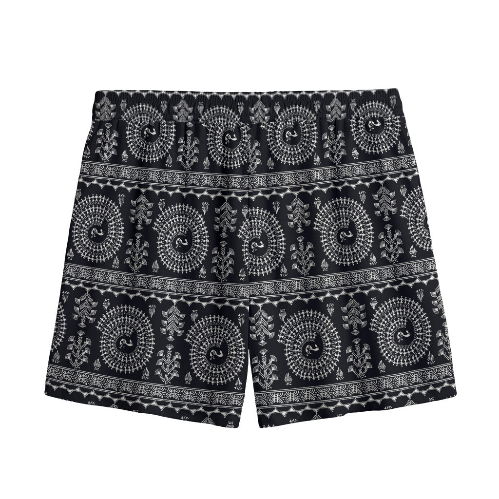 Black And White Warli Tribal Print Mesh Shorts