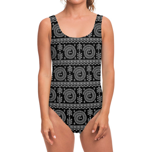 Black And White Warli Tribal Print One Piece Swimsuit