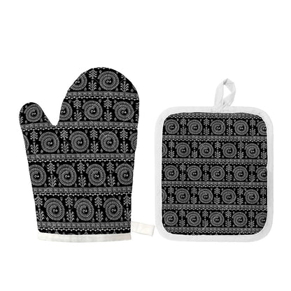 Black And White Warli Tribal Print Oven Mitt And Pot Holder Set