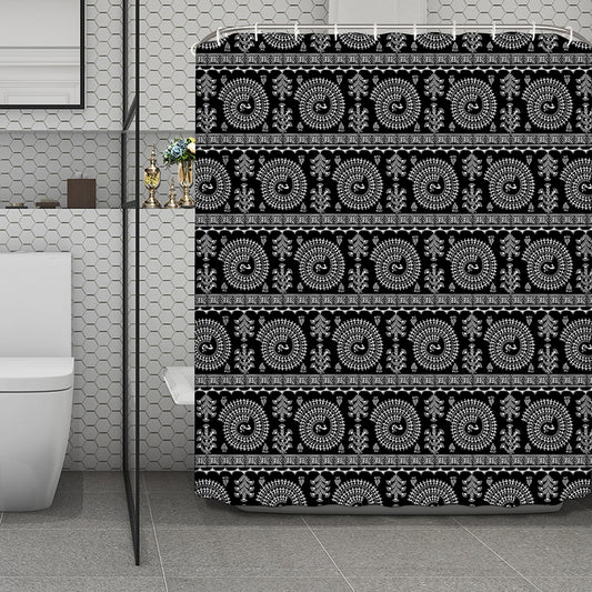 Black And White Warli Tribal Print Polyester Shower Curtain