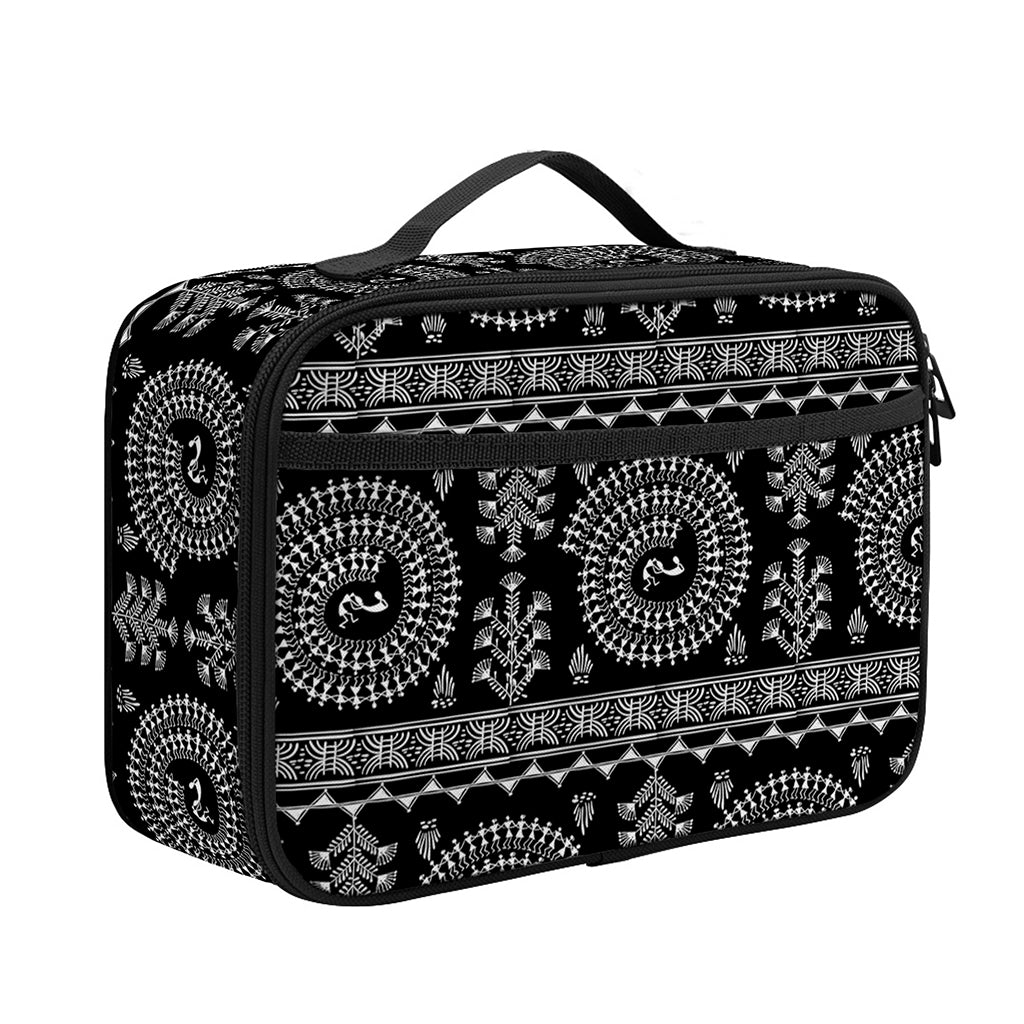 Black And White Warli Tribal Print Portable Lunch Bag
