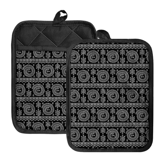 Black And White Warli Tribal Print Pot Holders With Pocket
