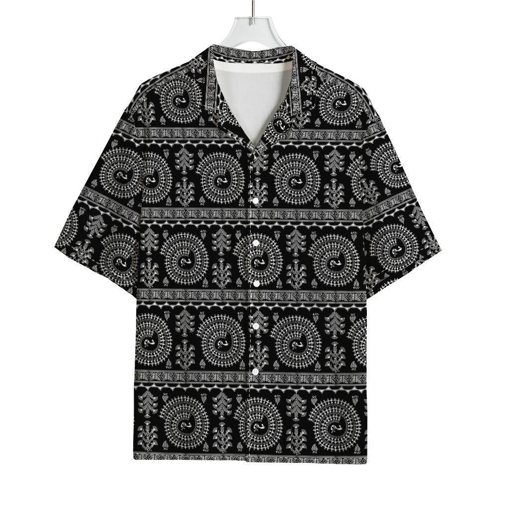 Black And White Warli Tribal Print Rayon Hawaiian Shirt