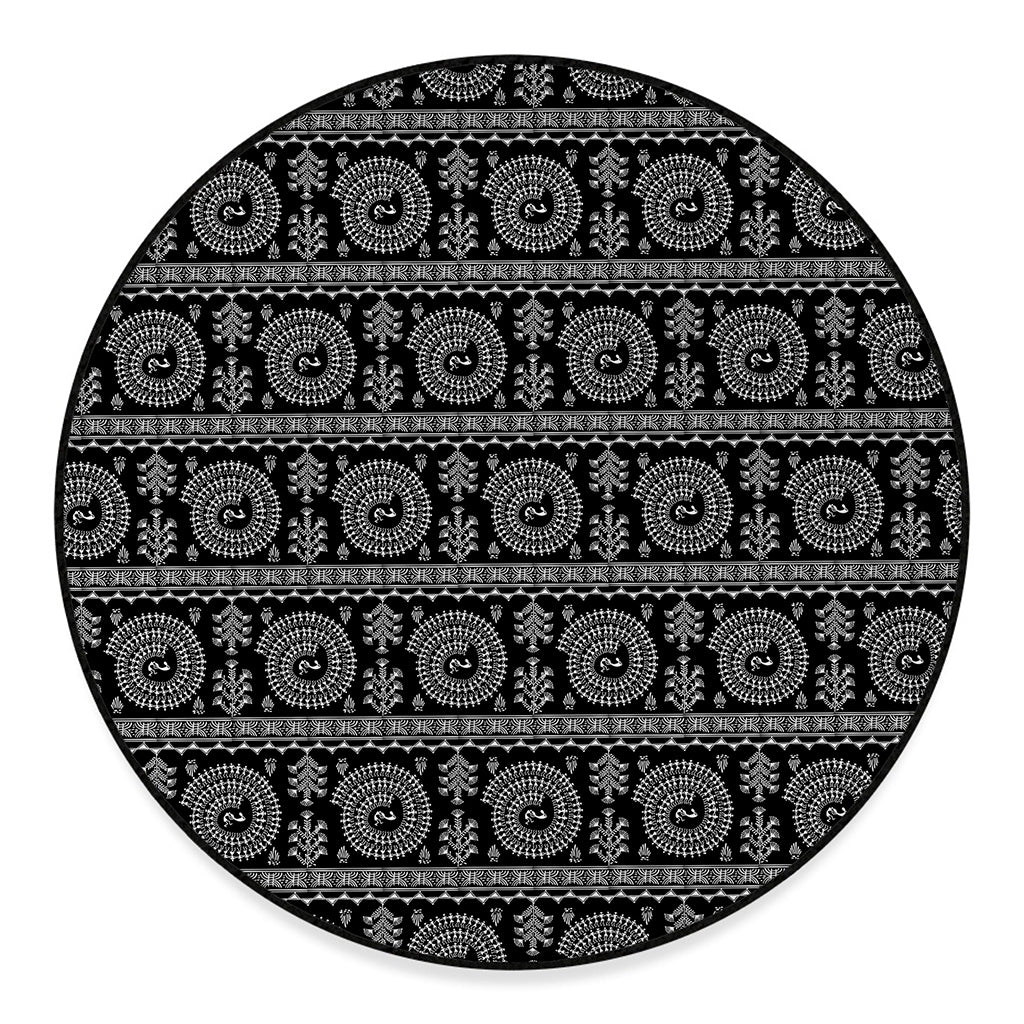 Black And White Warli Tribal Print Round Floor Mat
