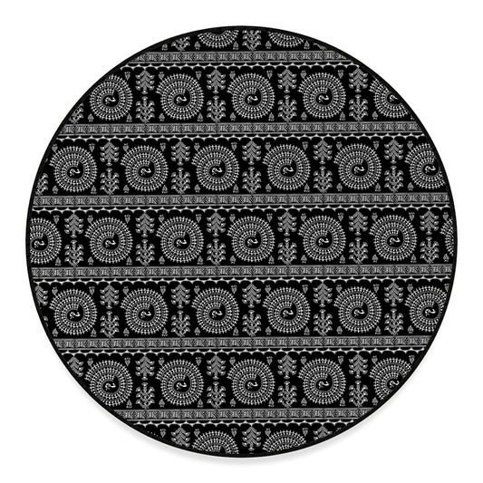 Black And White Warli Tribal Print Round Floor Mat