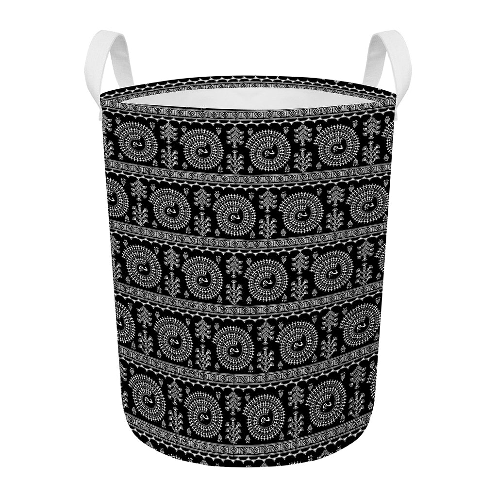 Black And White Warli Tribal Print Round Laundry Basket