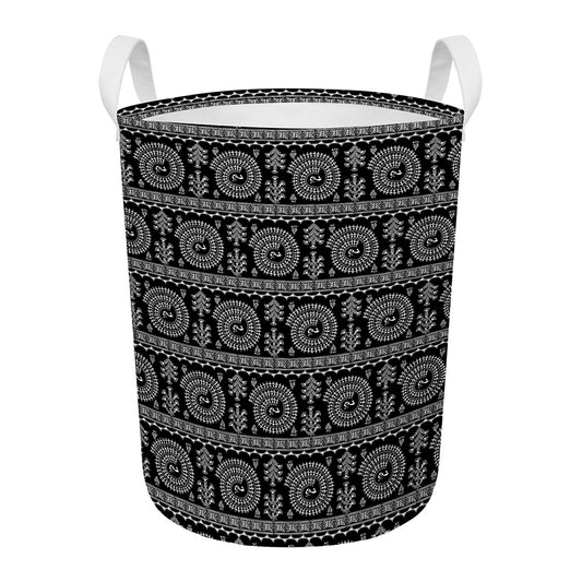 Black And White Warli Tribal Print Round Laundry Basket